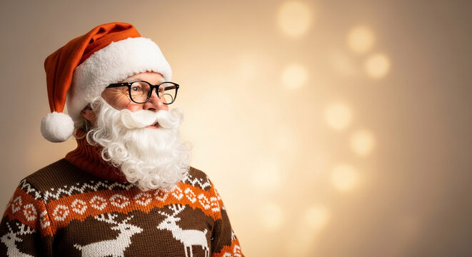 Portrait of a man in Santa hat and sweater with reindeer, representing festive cheer and winter holidays, with bokeh lights.
