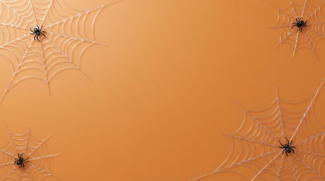Delicate spiderwebs with small spiders in four corners over orange background