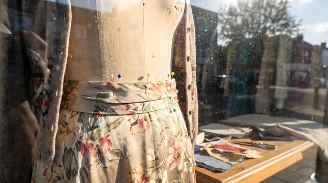 Tailor mannequin with pins in shop window
