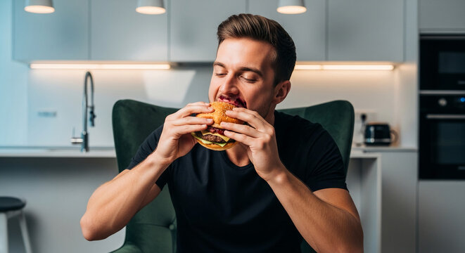 Man taking a bite of a juicy burger in a modern kitchen, symbolizing indulgence, fast food enjoyment, and culinary experience.