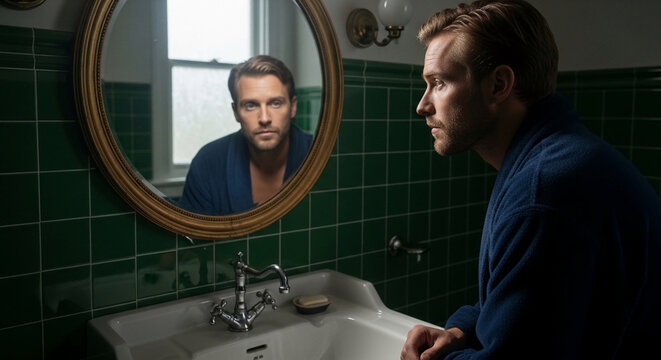 A man in a blue robe looks into a mirror in a green tiled bathroom, reflecting contemplation and self-awareness.
