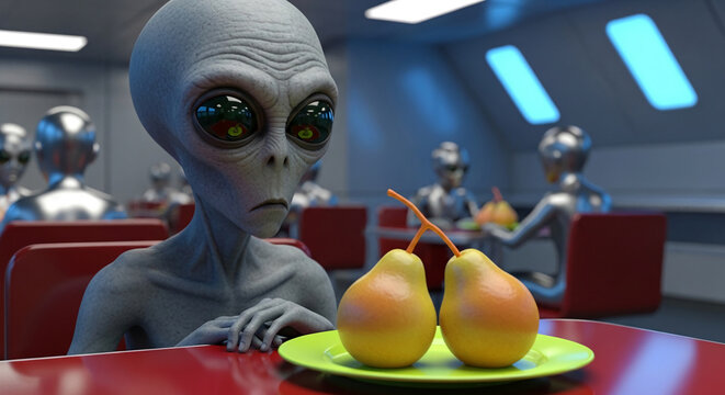 Alien figure with green eyes and textured grey skin, seated at a red table with pears on a lime green plate, symbolizing extraterrestrial encounter and contemplation