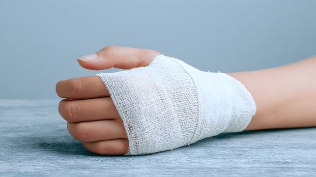 A person's injured hand is wrapped in a white medical bandage against a soft blue background. This image represents injury and recovery concepts.