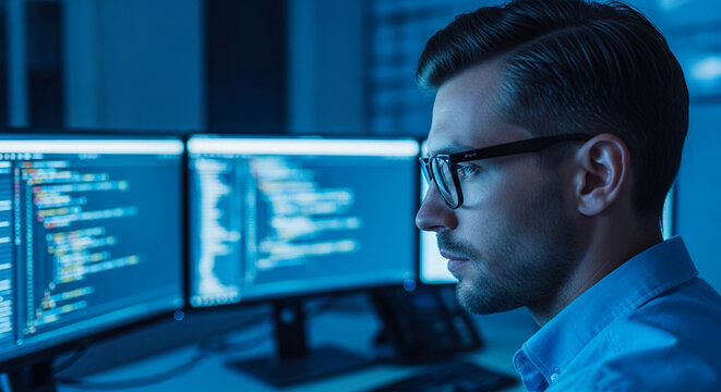 Man with glasses looking at code on computer screens, symbolizing focus, technology, and digital development