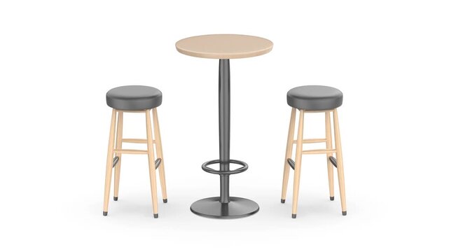 Falling wooden table and bar stools on white background