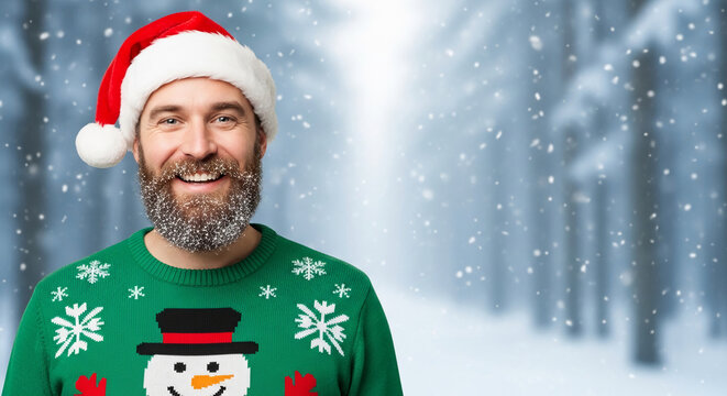 Man with beard in Santa hat and green sweater with snowman pattern, snowy forest background, festive winter theme.