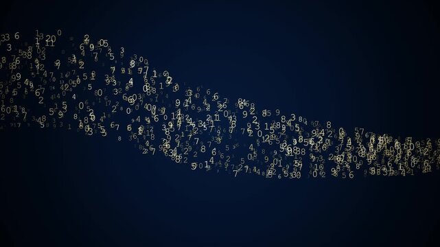 Abstract digital stream of golden numbers flowing on a dark blue background representing data flow and technology