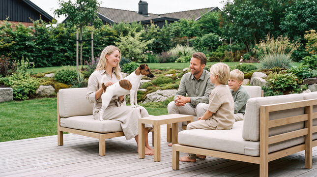Family relaxing with their dog on a patio in a lush green garden
