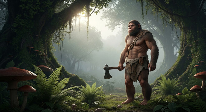 Ancient human figure with axe stands in lush, misty forest with large mushrooms and ferns, representing survival, nature, and early civilization.