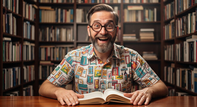 Man with glasses and a colorful shirt smiles at the camera, sitting in front of bookshelves filled with books, symbolizing knowledge and study