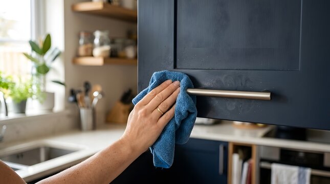 Hand Cleaning Dark Kitchen Cabinet Door With Microfiber Cloth