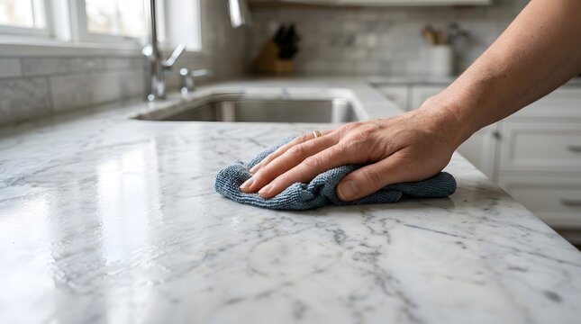Cleaning White Marble Kitchen Countertop With Cloth at Home