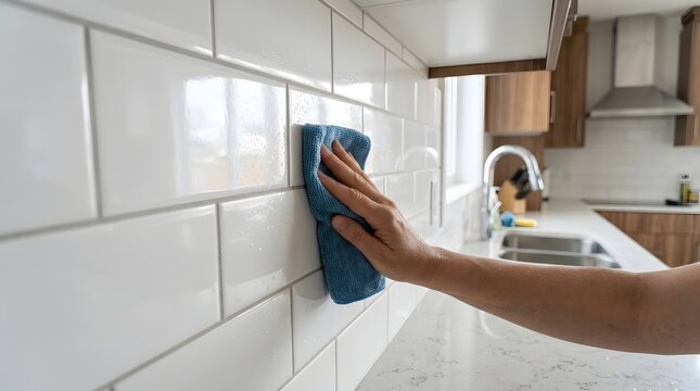 Wiping White Ceramic Tile Kitchen Backsplash With Cleaning Cloth