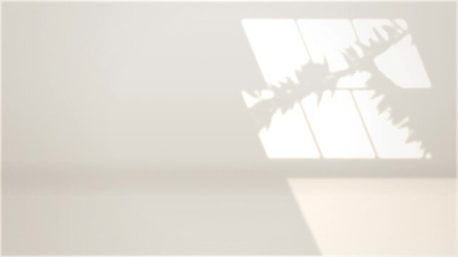 Sunlight through window casts plant leaf shadows on a clean white wall and floor, creating a serene and minimalist atmosphere