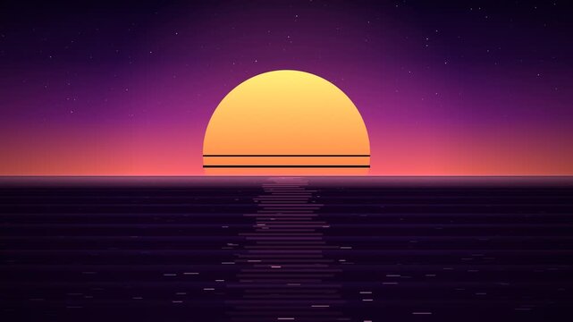 Retro sunset over ocean with purple sky and stars, digital art, 80s synthwave aesthetic