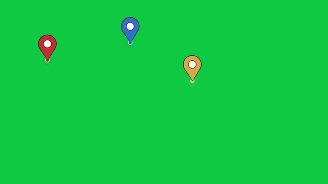 Map location pins dropping one by one on a green screen