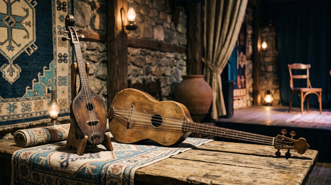 Antique Georgian folk string instruments displayed on a wooden table with rugs