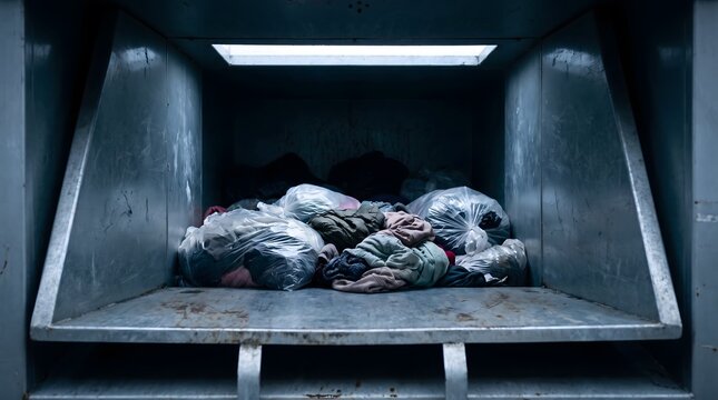 Bags of clothes in textile recycling bin
