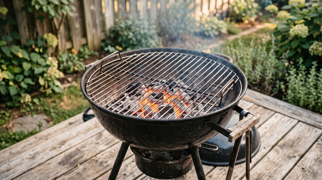 Charcoal grill with glowing embers on a backyard patio deck