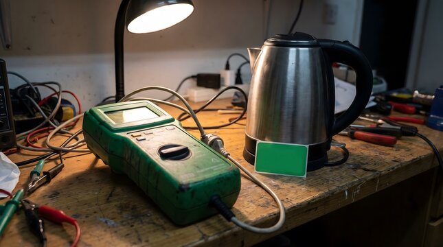 Testing electric kettle with multimeter in workshop