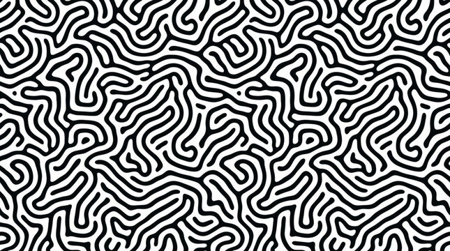 Abstract seamless black and white turing pattern background, organic monochrome labyrinth line art illustration for textile, wallpaper, and creative graphic design projects