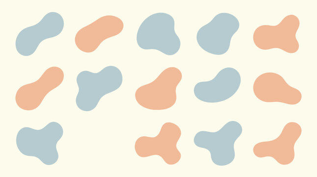 Collection of abstract organic blob shapes in various pastel colors on a light background, set of liquid amoeba design elements and minimalist vector wavy forms for modern graphic branding projects.