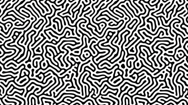 Minimalist black and white abstract reaction-diffusion pattern background. Organic turing maze texture with seamless monochromatic lines for modern graphic design and creative artistic projects.