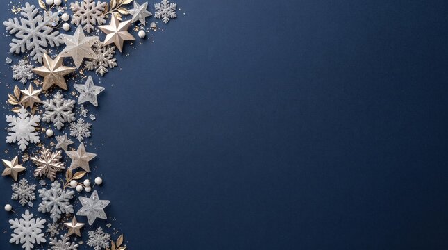 Blue Christmas background with snowflakes, stars and empty space. Copy space for your text. Merry Xmas, Happy New Year. Vertical festive backdrop.