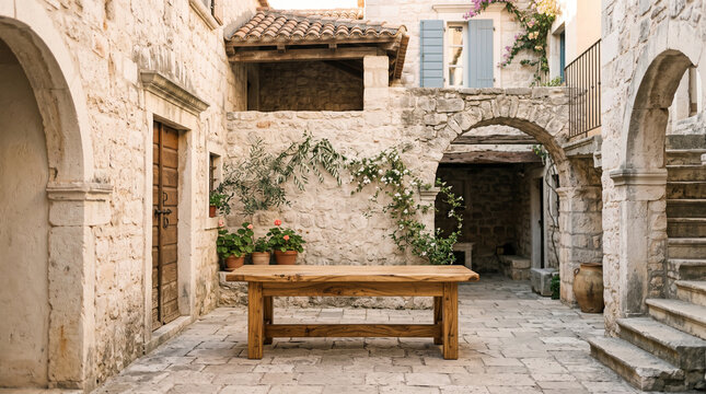 Empty wooden display stage set in a traditional Mediterranean courtyard
