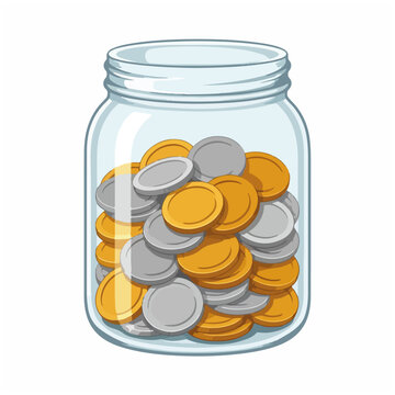 Glass Jar Filled with Gold and Silver Coins on White Background