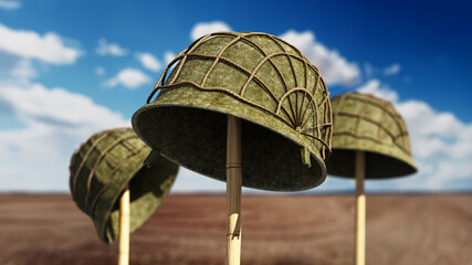 Obraz premium World War II helmets against blue sky. 3D illustration