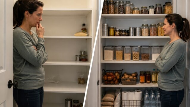 Empty pantry and prepared staple food storage