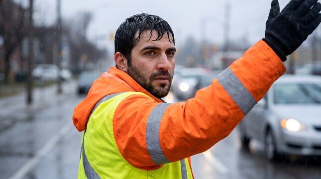 Construction worker directing traffic in rainy weather