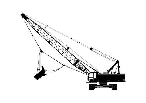 Silhouette of a cable excavator. Heavy excavator, side view. Vector.