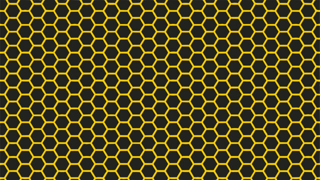 Sport jersey sublimation background vector with dense tight honeycomb hexagon grid pattern in black, dark gray, and gold yellow. Bold hive tech design for athletic wear and sublimation print.