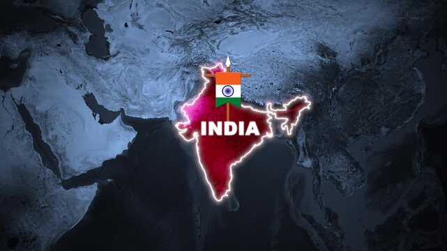 Glowing red map of India highlighted on a dark blue world map background with the Indian national flag icon