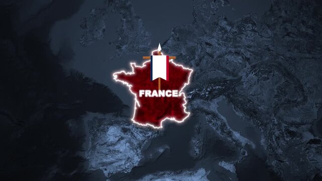 Glowing map of France with national flag and text label isolated on a dark blue textured European background motion graphic