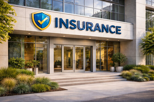 Insurance agency facade with blue lettering and gold shield