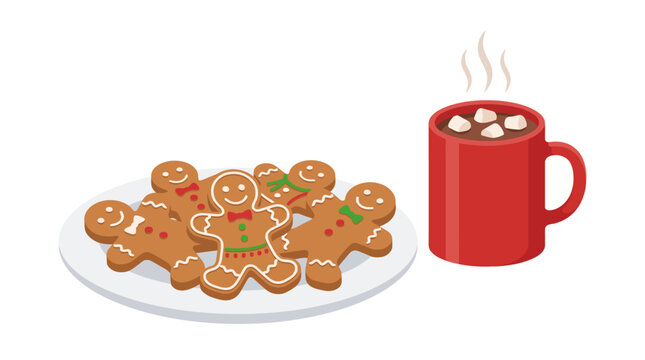 A plate of decorated gingerbread men cookies served with a hot mug of cocoa.