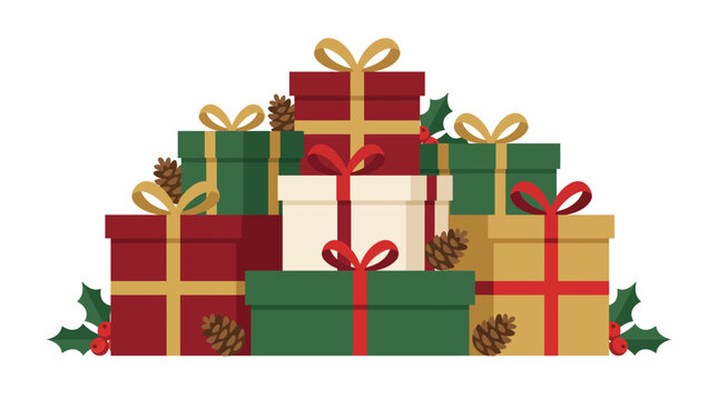 A festive stack of Christmas gift boxes decorated with ribbons and pine cones.