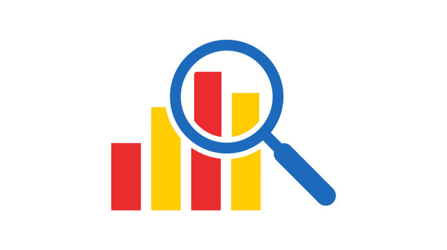 Magnifying glass examining a colorful bar chart representing business growth and data analysis.