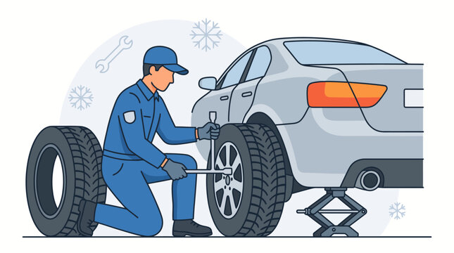 Professional mechanic changing a car tire in a winter service station.
