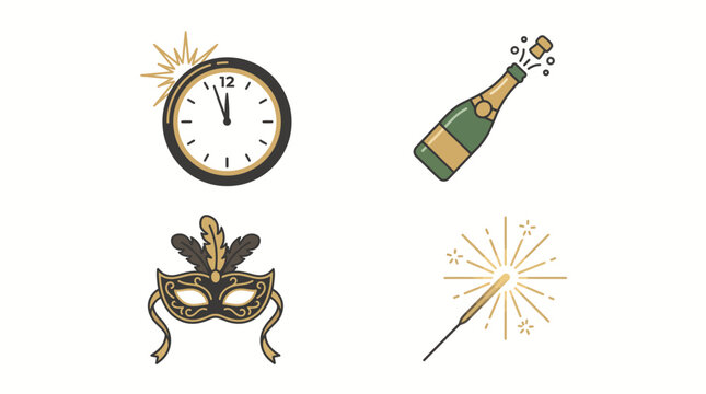 Set of flat vector icons for New Year celebration including clock champagne mask and sparkler.