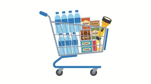 A shopping cart filled with bottled water and canned food supplies.