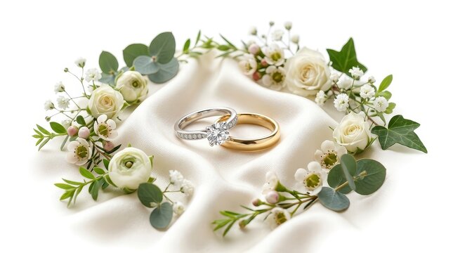 Elegant wedding rings resting on soft white silk fabric surrounded by a delicate floral wreath of white roses and greenery