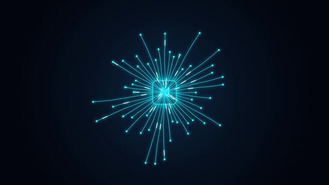 Data stream network glowing cyber connection lines radiating outward from a central digital