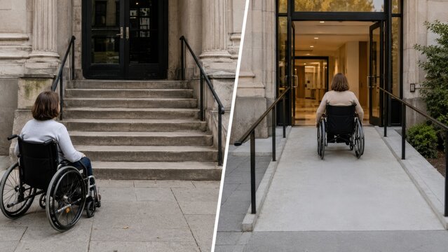 Public entrance with stairs and wheelchair accessible ramp