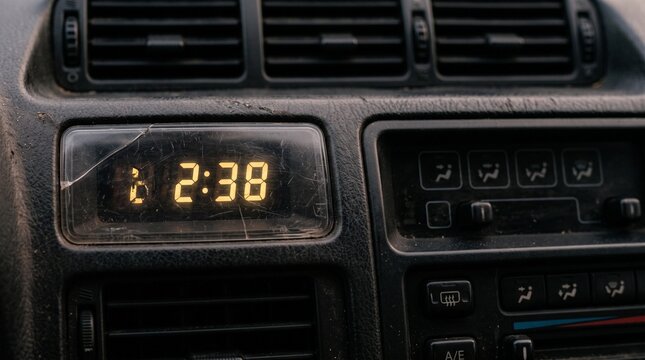 Digital car clock displaying time on a textured vehicle dashboard console