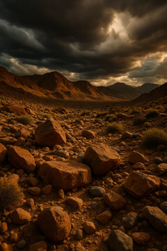 Orange desert rocks beneath heavy storm clouds and golden sky