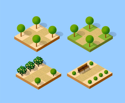 Isometric park elements illustrating urban landscaping design